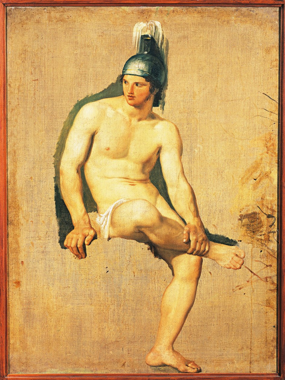 Tanulmány a meztelen harcosról, sisakkal a fején, Francesco Hayez, olaj, vászon alkotó: Francesco Hayez