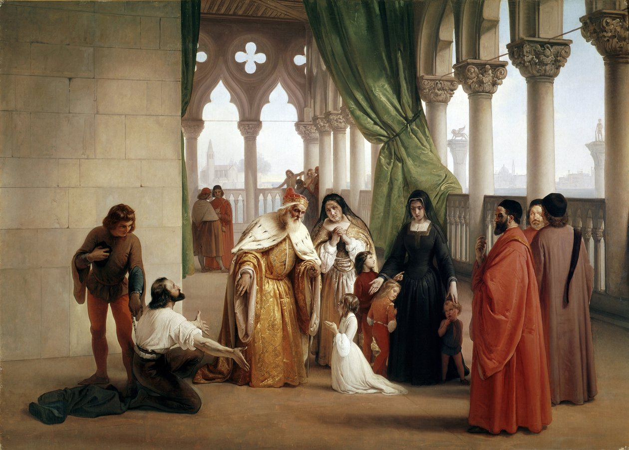 A két Foscari: Francesco Foscari, a velencei dózse, aki száműzi fiát, Jacopót a száműzetés során elkövetett hazaáruló levelezés vádjával (olaj, vászon, 1852 körül) alkotó: Francesco Hayez