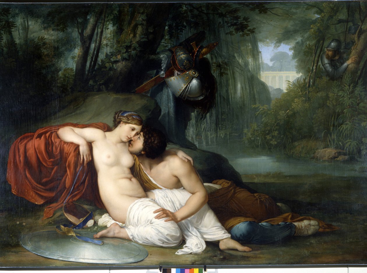 Renaud és Armide szerelme Torquato Tasso (a bögre néven ismert) „La Jerusalem delivree” (La gerusalemme liberata) jelenetének illusztrációja. Az elbűvölő Armide, amelyet nagyon szimbolikus Amours seduit vesz körül varázstükörének, Re lovagnak a segítségéve alkotó: Francesco Hayez
