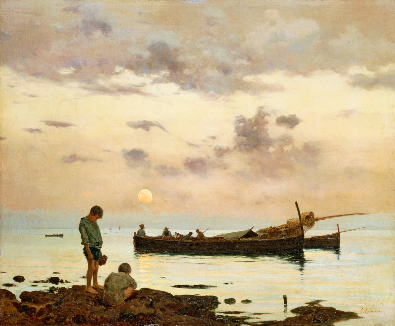 Marina halászhajóval és fiúkkal, Francesco Lojacono (1838-1915), olaj, vászon, 64x77 cm alkotó: Francesco Lojacono