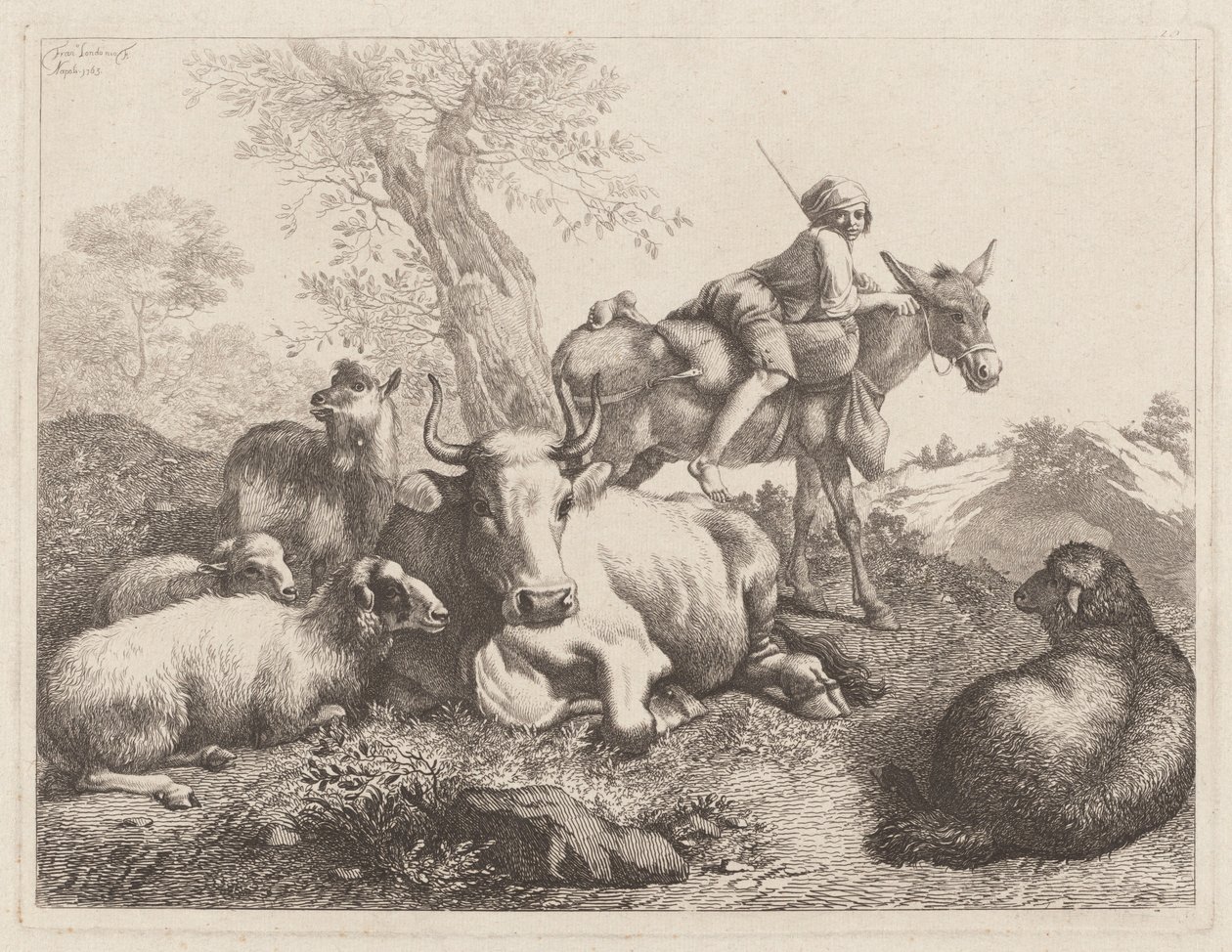 Fiú szamáron, aki állatcsoportot néz, 1763. alkotó: Francesco Londonio