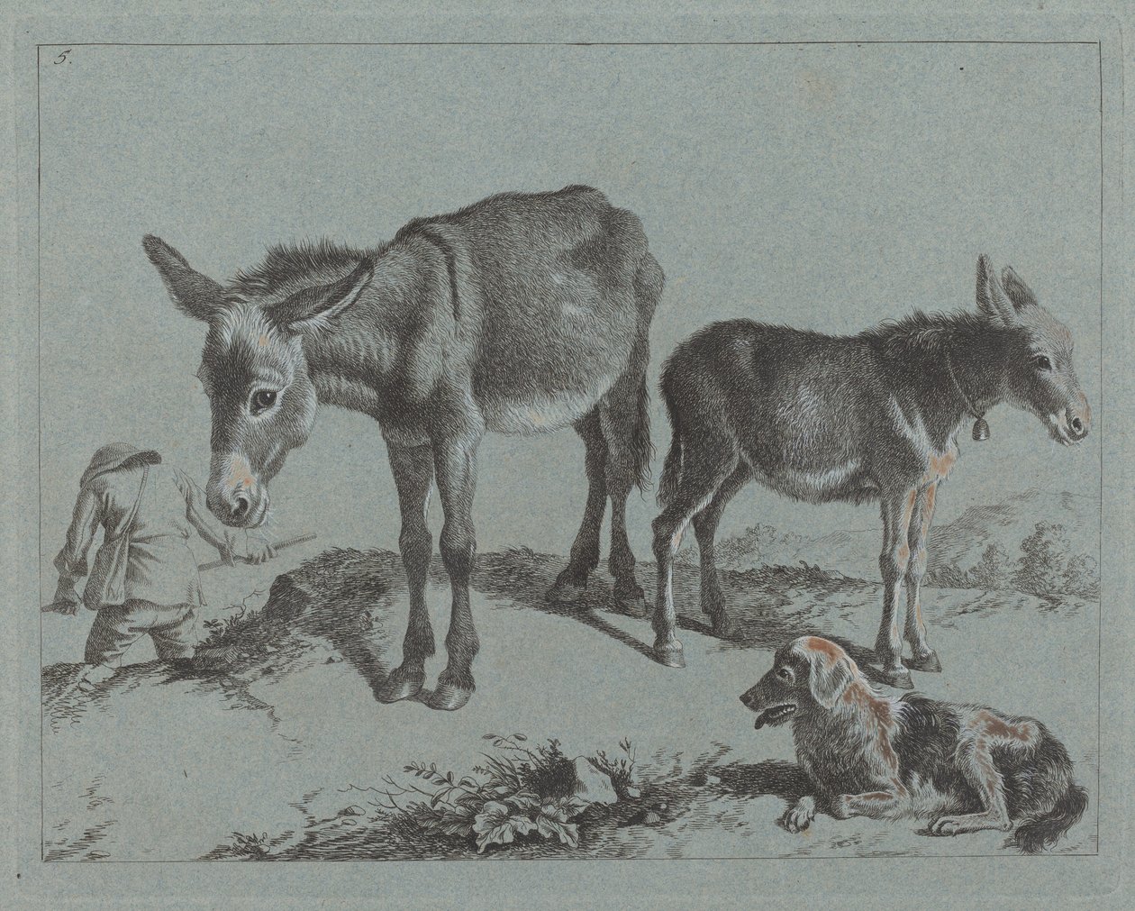 Szamár csikójával, kutyával és parasztemberrel, 17621763. alkotó: Francesco Londonio