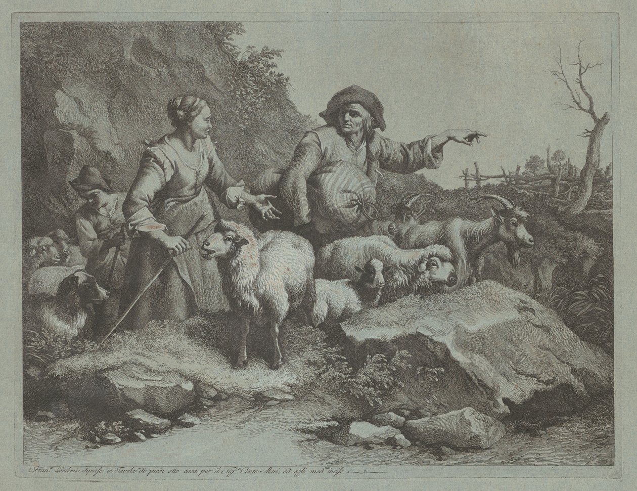 Parasztember zsákkal és két pásztorlánnyal, 1765 után. alkotó: Francesco Londonio