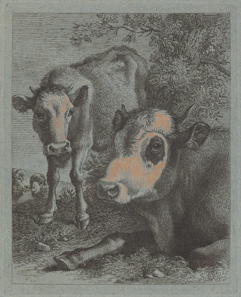 Fekvő tehén és borjú a szabadban, 17581759. alkotó: Francesco Londonio