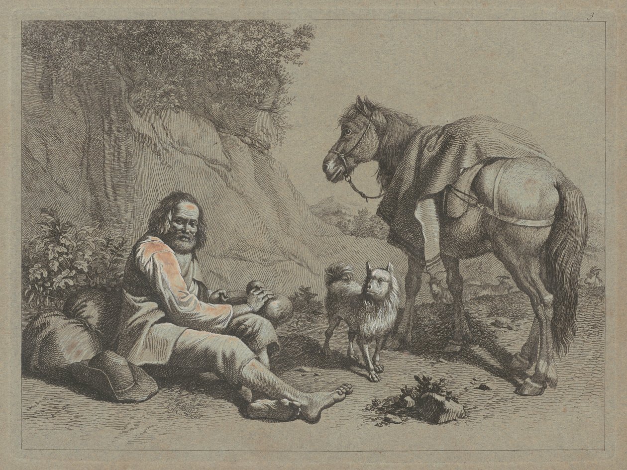 Ülő öregember tökből inni készül, c. 1763. alkotó: Francesco Londonio