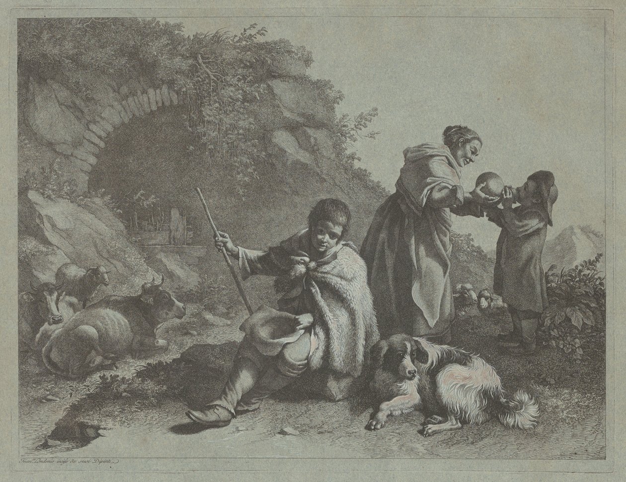Ülő pásztorfiú és nő, akik inni adnak egy gyermeket, 17591782. alkotó: Francesco Londonio