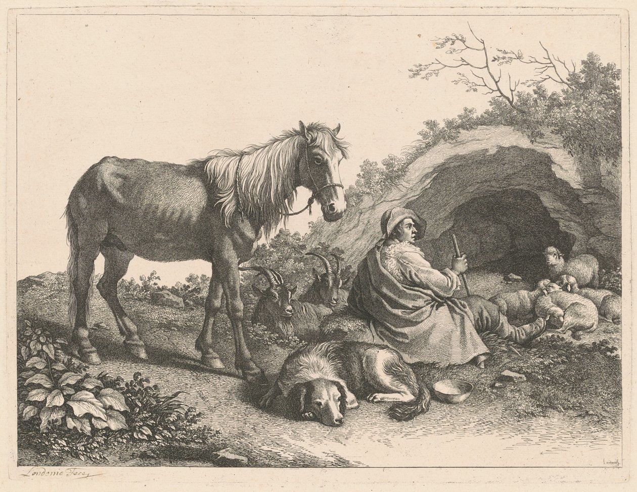 Ülő pásztor lóval, kutyával, kecskékkel és juhokkal, 1776 után. alkotó: Francesco Londonio