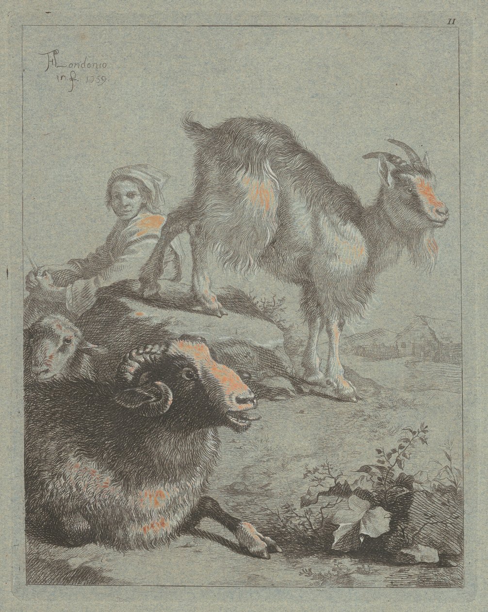 Ülő pásztorlány, kos, birka és kecske, 1759. alkotó: Francesco Londonio