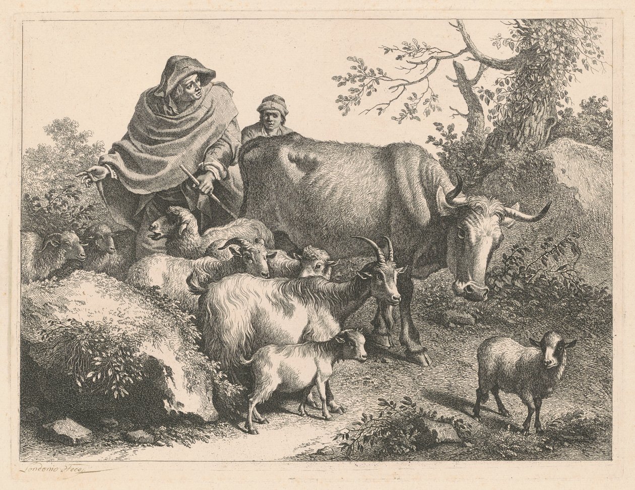 Fokköpenyt viselő juhász, aki nyájat hajt, 1776 után. alkotó: Francesco Londonio