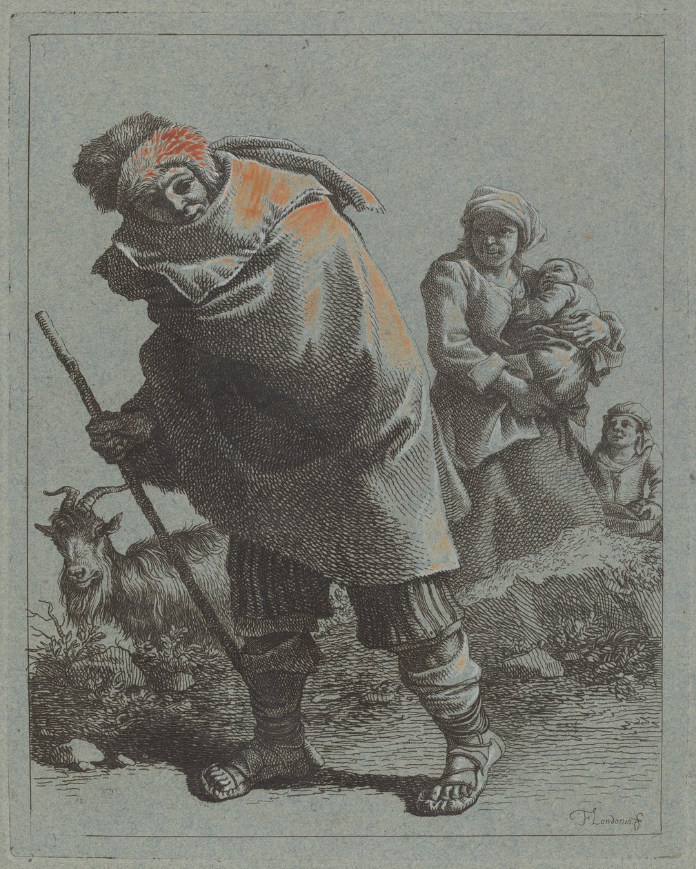 Pásztor sétapálcával és parasztasszony gyermekével, 17581759. alkotó: Francesco Londonio