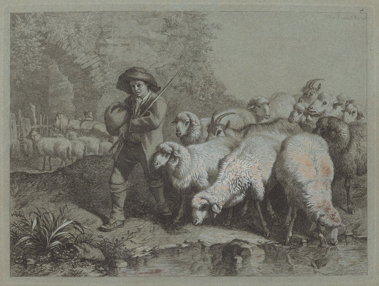 Zsákos juhász, aki nyájat hajt, 1763. alkotó: Francesco Londonio