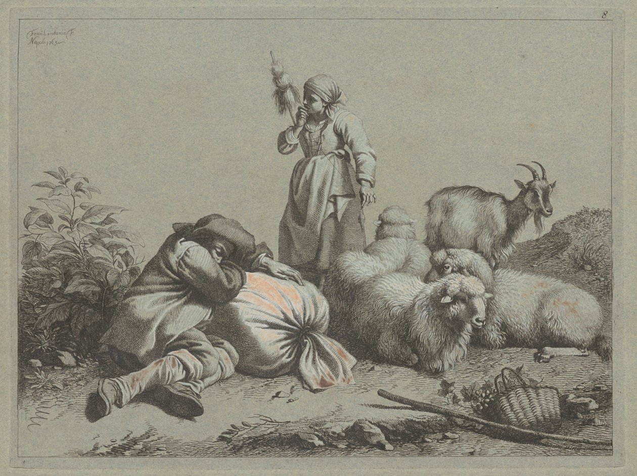 Alvó paraszt és álló fonó, 1763. alkotó: Francesco Londonio