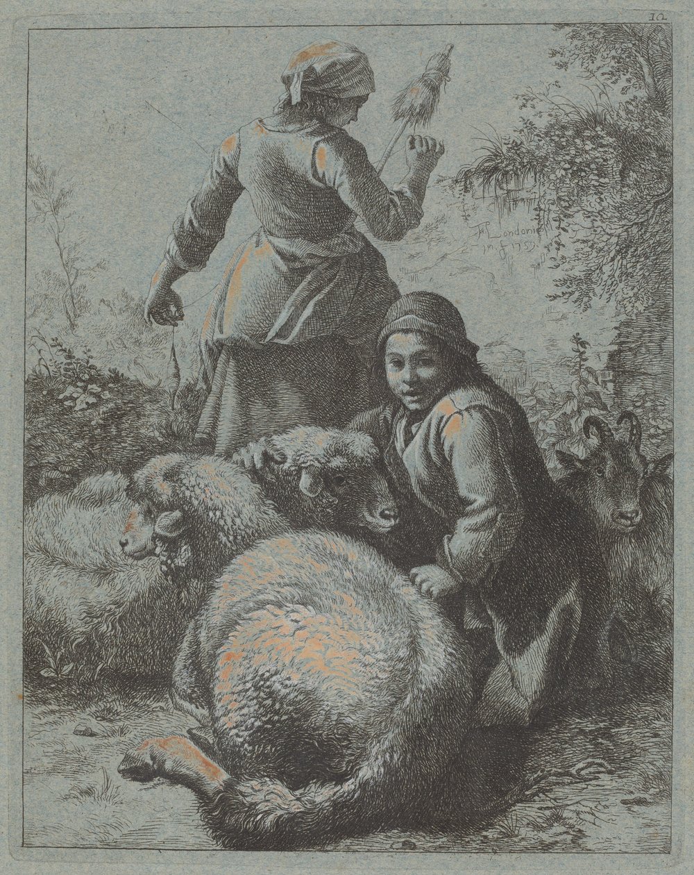 Fonó nő és pásztor nyájjal, 17581759. alkotó: Francesco Londonio