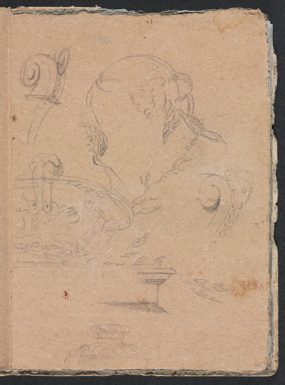 Verona vázlatfüzet: Építészeti motívumok női fejjel 45. oldal, 1760. alkotó: Francesco Lorenzi