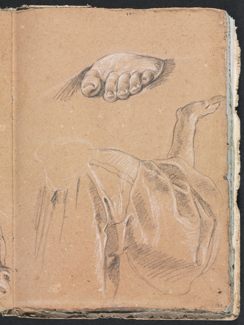 Verona vázlatfüzet: Bal láb és drapéria tanulmányozása jobb karral, 79. oldal, 1760. alkotó: Francesco Lorenzi
