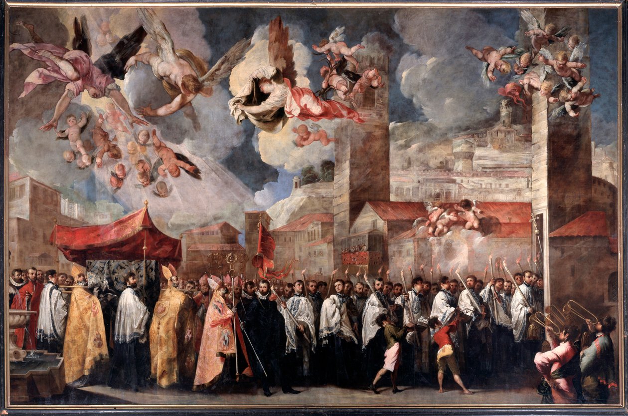 Szent Dominátor, Szent Pál és Szent Anasztáz bresciai püspökök holttestének fordítása (Festmény, 1645-1646 körül) alkotó: Francesco Maffei
