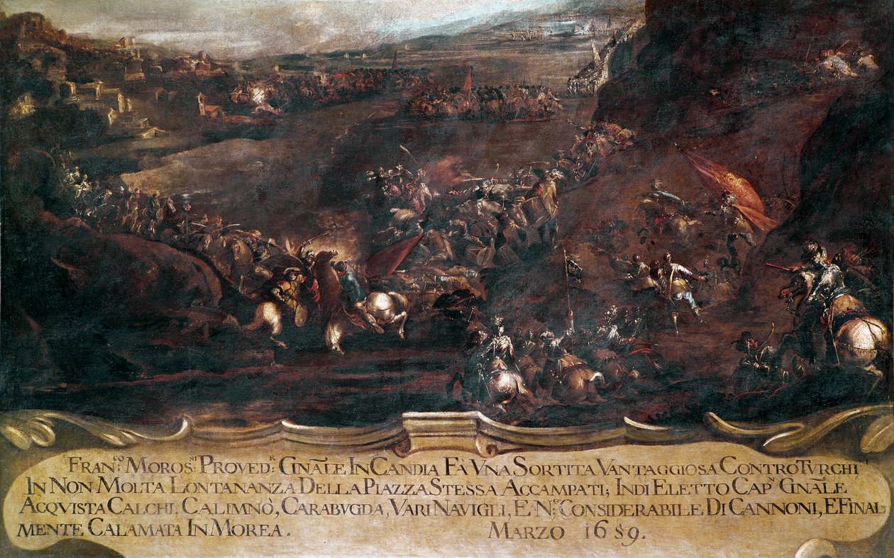 Candia háború (kréta):: „” csata Francesco Morosini (1619-1694) velencei flottája és a török flotta között 1659-ben” (krétai háború (1645-69): a velencei és a török flotta csata 1659-ben) Festészet írta: Francesco Monti dit il Brescianino delle alkotó: Francesco Monti