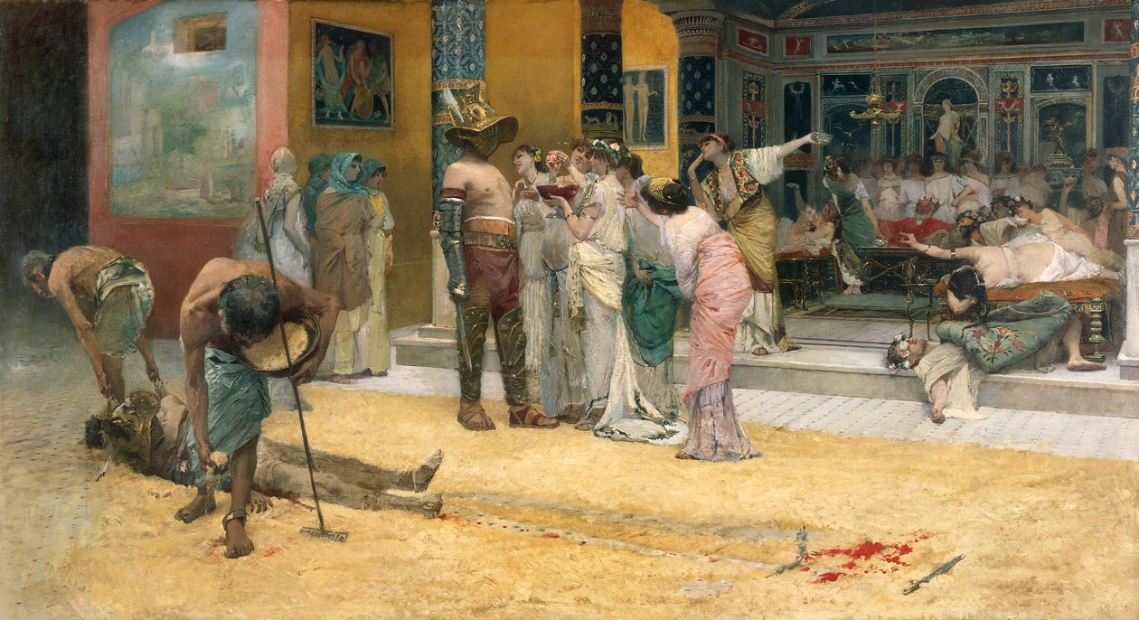 Gladiátorharc egy vacsora közben Pompeiben alkotó: Francesco Netti