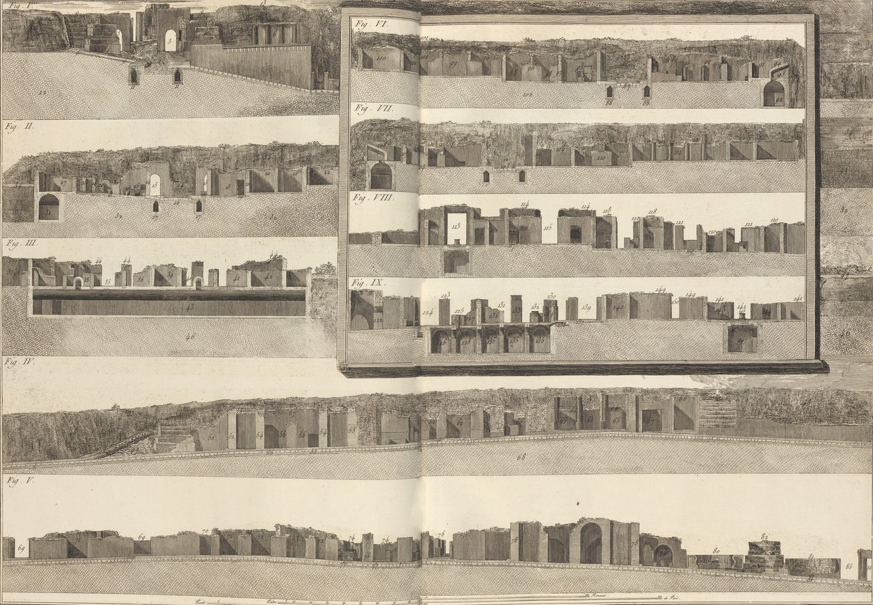 Keresztmetszetek, amelyek az 1804-es Pom... tervrajzon látható épületek különböző aspektusait mutatják be. alkotó: Francesco Piranesi