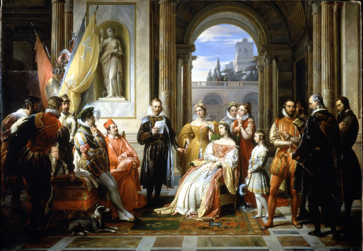 Torquato Tasso (Le Muche) a jeruzsálemi kéziratát (A felszabadított Jeruzsálem) olvassa a ferrarai udvarban. Francesco Podesti (1800-1895) festménye alkotó: Francesco Podesti