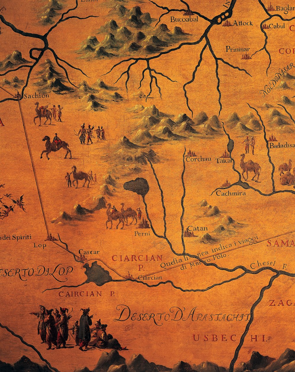 Részlet Marco Polo keleti sivatagokon átívelő útvonaláról, Tartár térképe alkotó: Francesco and Ramusio Giovan Battista Grisellini