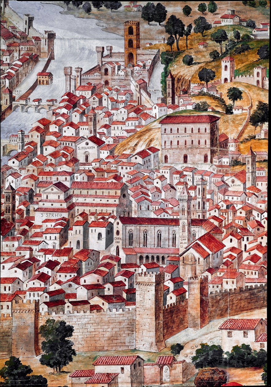 Pianta della Catena Firenze városának „Catena”-nak nevezett térképének részlete, a térkép lánc alakú kerete miatt. Francesco di Lorenzo Rosselli (1448-1513) valósította meg 1490-ben. Firenze, Firenze Múzeum a korszakban alkotó: Francesco Rosselli