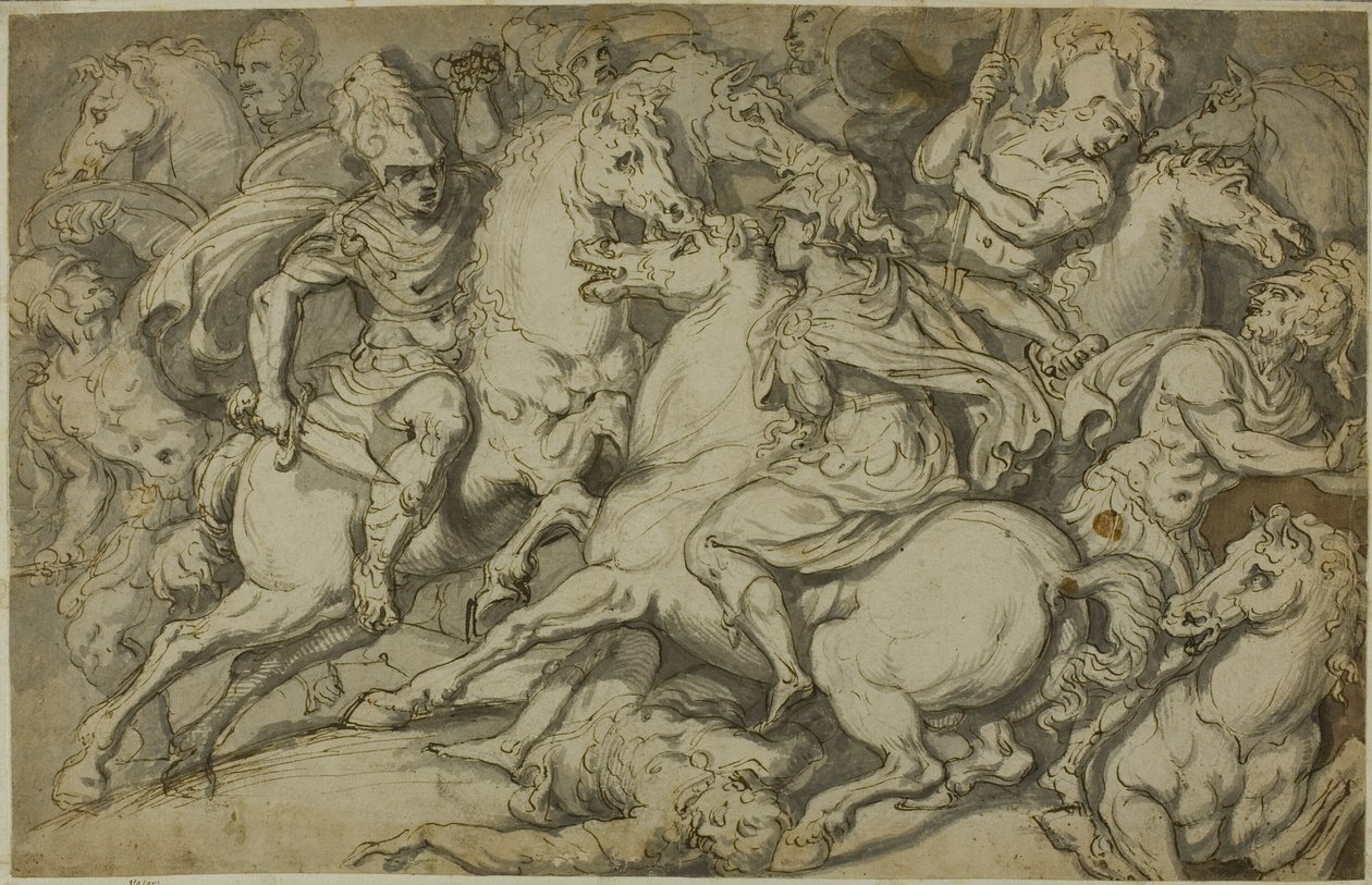 Lovassági csetepaté (recto); térdelő ökörkép (verso) alkotó: Francesco Salviati