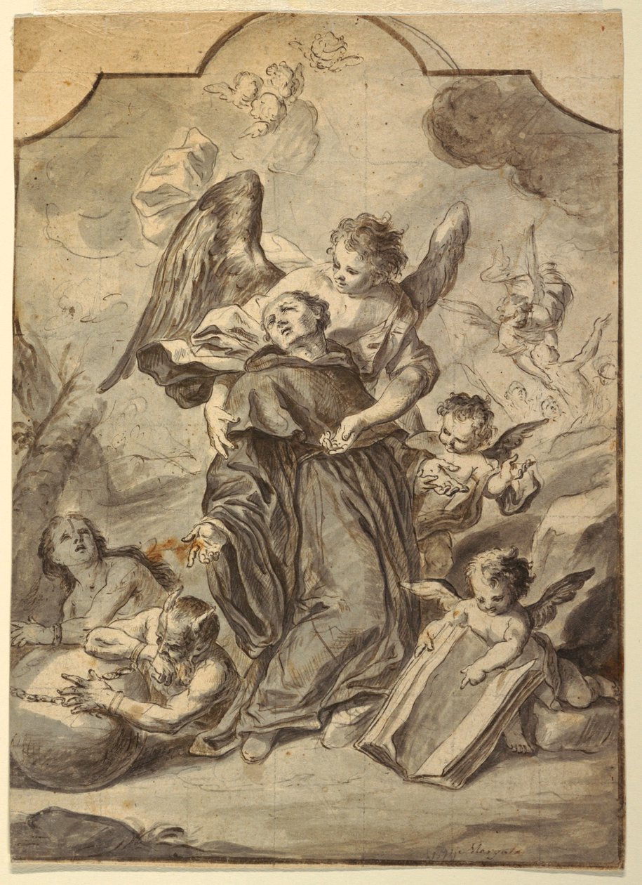Rajz, A szentéletű bencés szerzetes látomása, 1776 alkotó: Francesco Saverio Mergolo