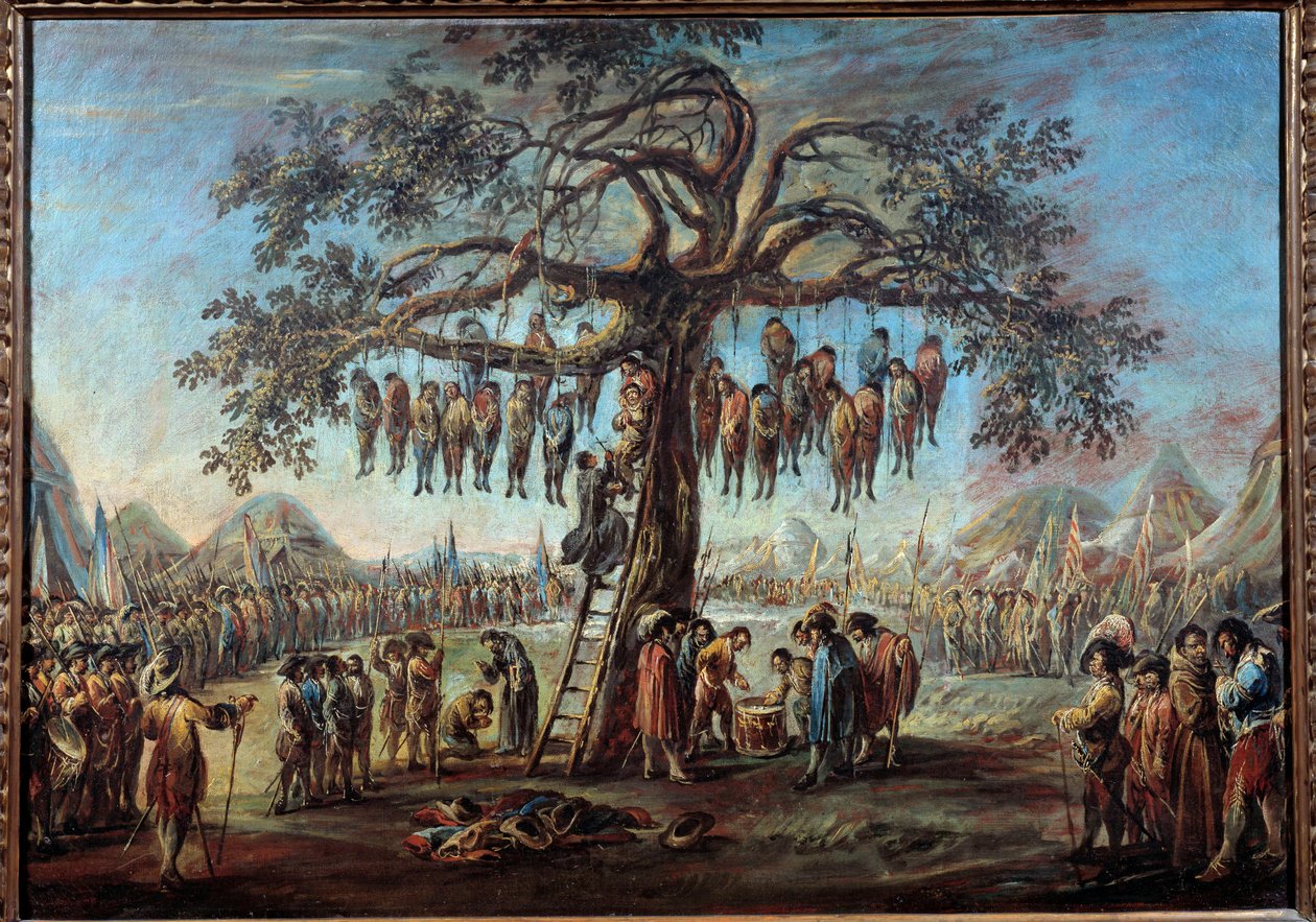 Az akasztott fa Hátborzongató látvány, amely az elítélteket ábrázolja, akik egy fa ágain lógva mennek kínozni. Az illusztrációt Jacques Callot (1592-1635) „Les miseres de la guerre” című sorozatának metszet ihlette. Francesco Simonini festménye ( alkotó: Francesco Simonini