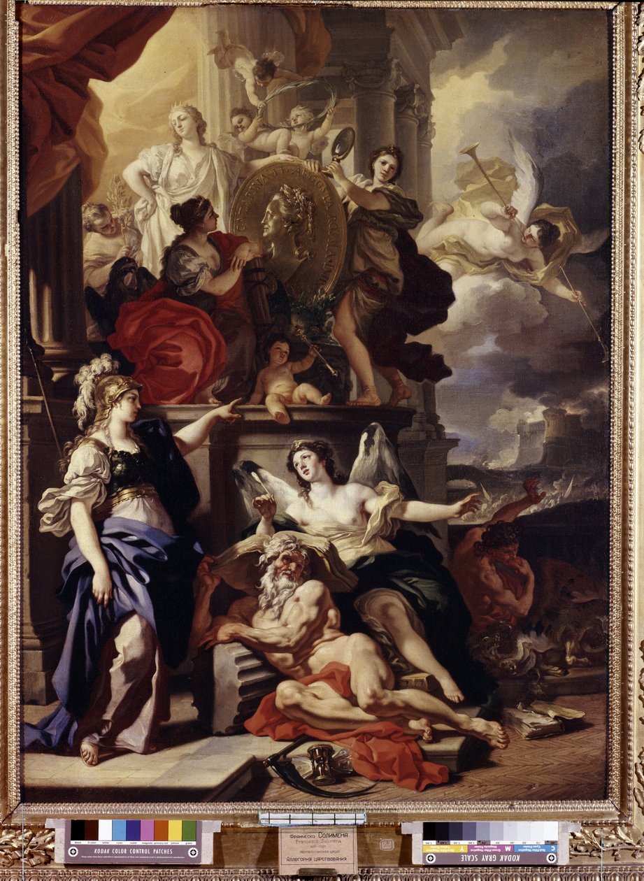 Az uralkodás allegóriája. A középen található medalion II. Katalin orosz királynő (1729-1796) arcát ábrázolja. Francesco Solimena (1657-1747) festménye. Olajfestmény alkotó: Francesco Solimena