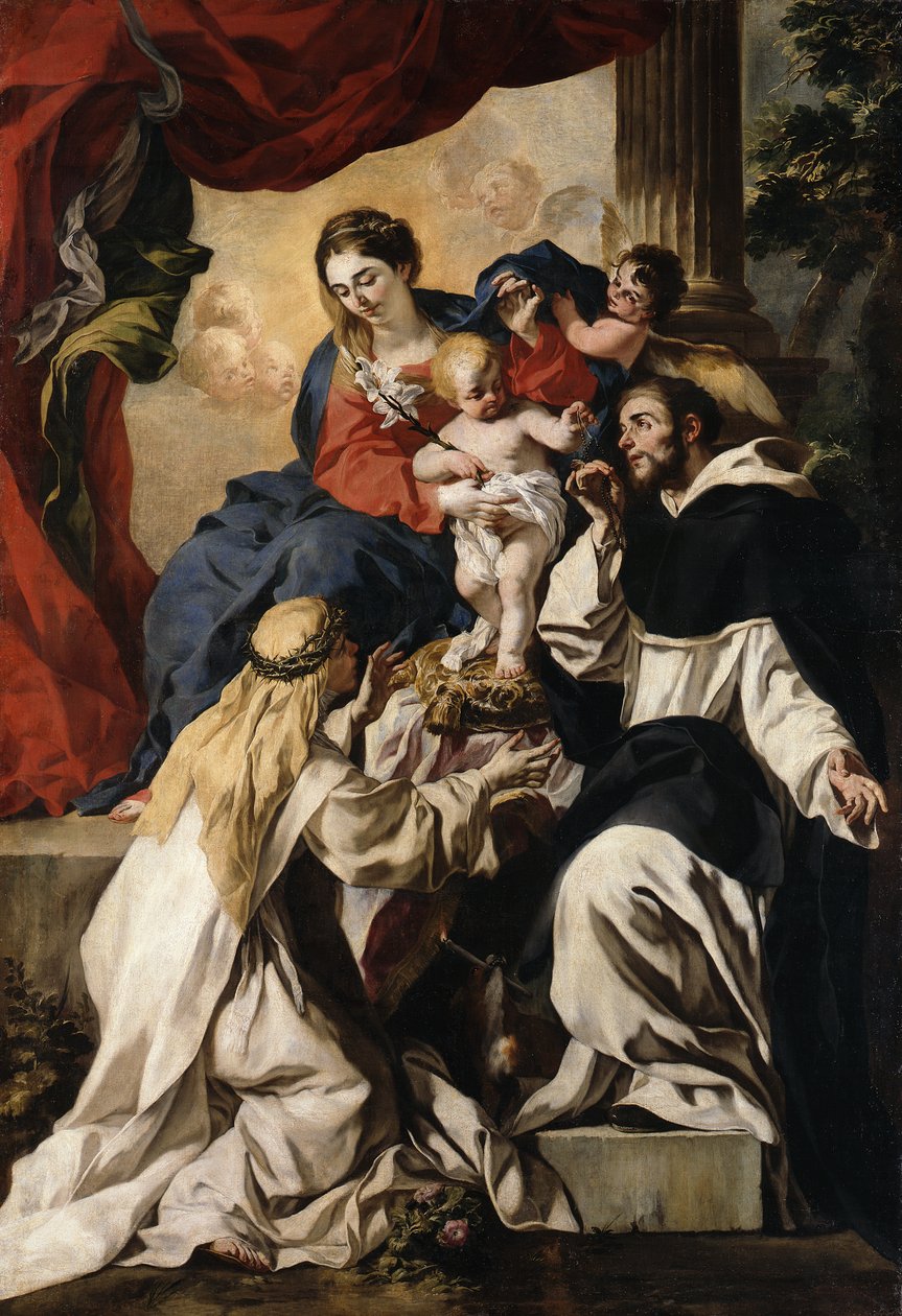 Trónoló Mária a gyermekkel, Szent Domonkossal és Sienai Szent Katalinnal (Rózsafüzér Madonna) alkotó: Francesco Solimena