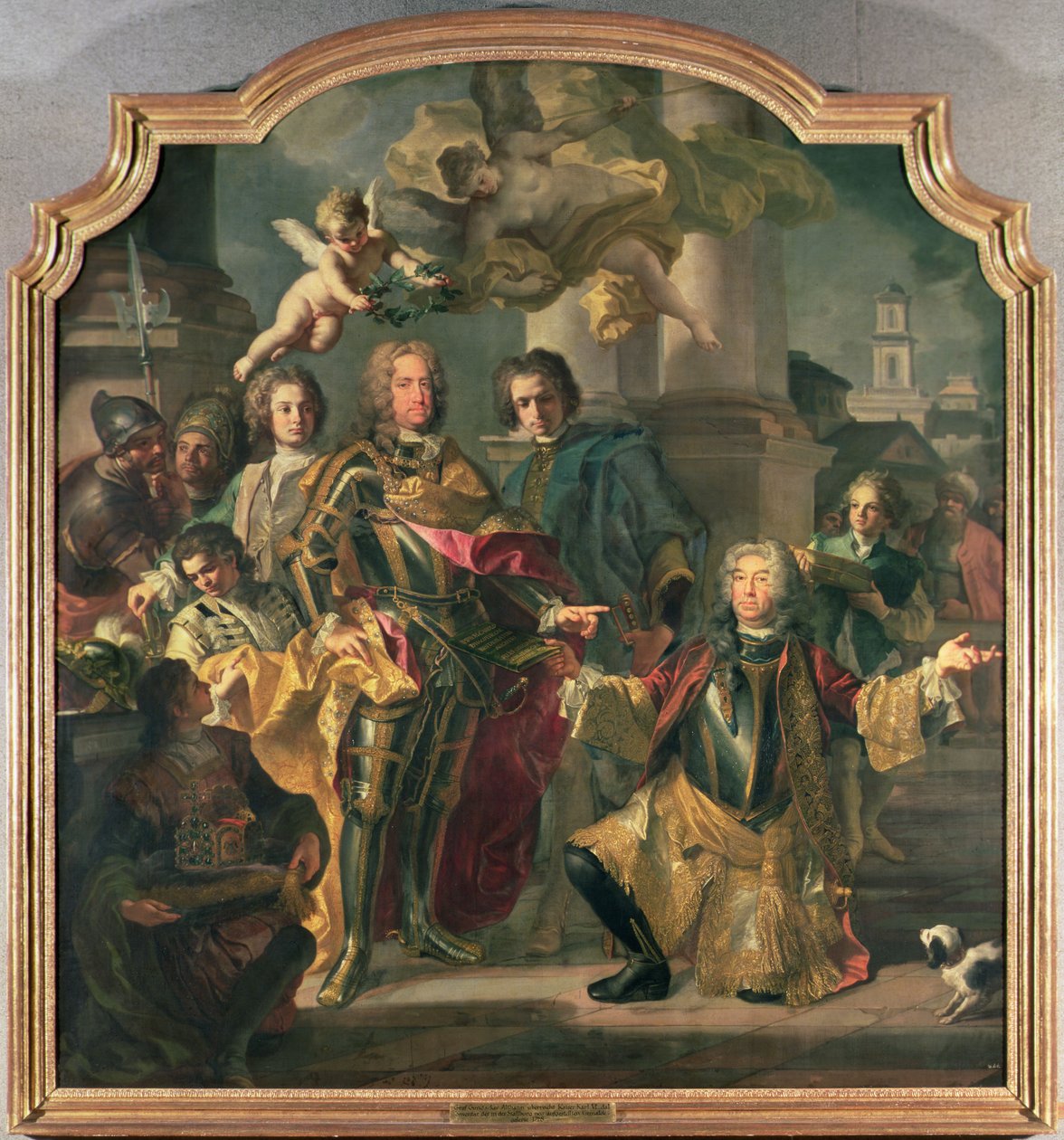Gundaker Althann gróf átadja VI. (III.) Károly császárnak (1685-1740) a Stallburgban lévő császári képgyűjtemény leltárát (1685-1740) a császár fejeit és alkotó: Francesco Solimena