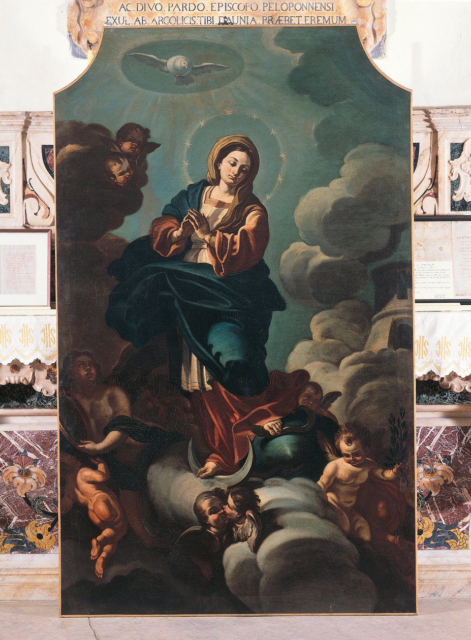 Szeplőtelen fogantatás, Francesco Solimenának (1657-1747) tulajdonított vászonfestmény, San Pardo székesegyház, Larino, Molise, Olaszország alkotó: Francesco Solimena