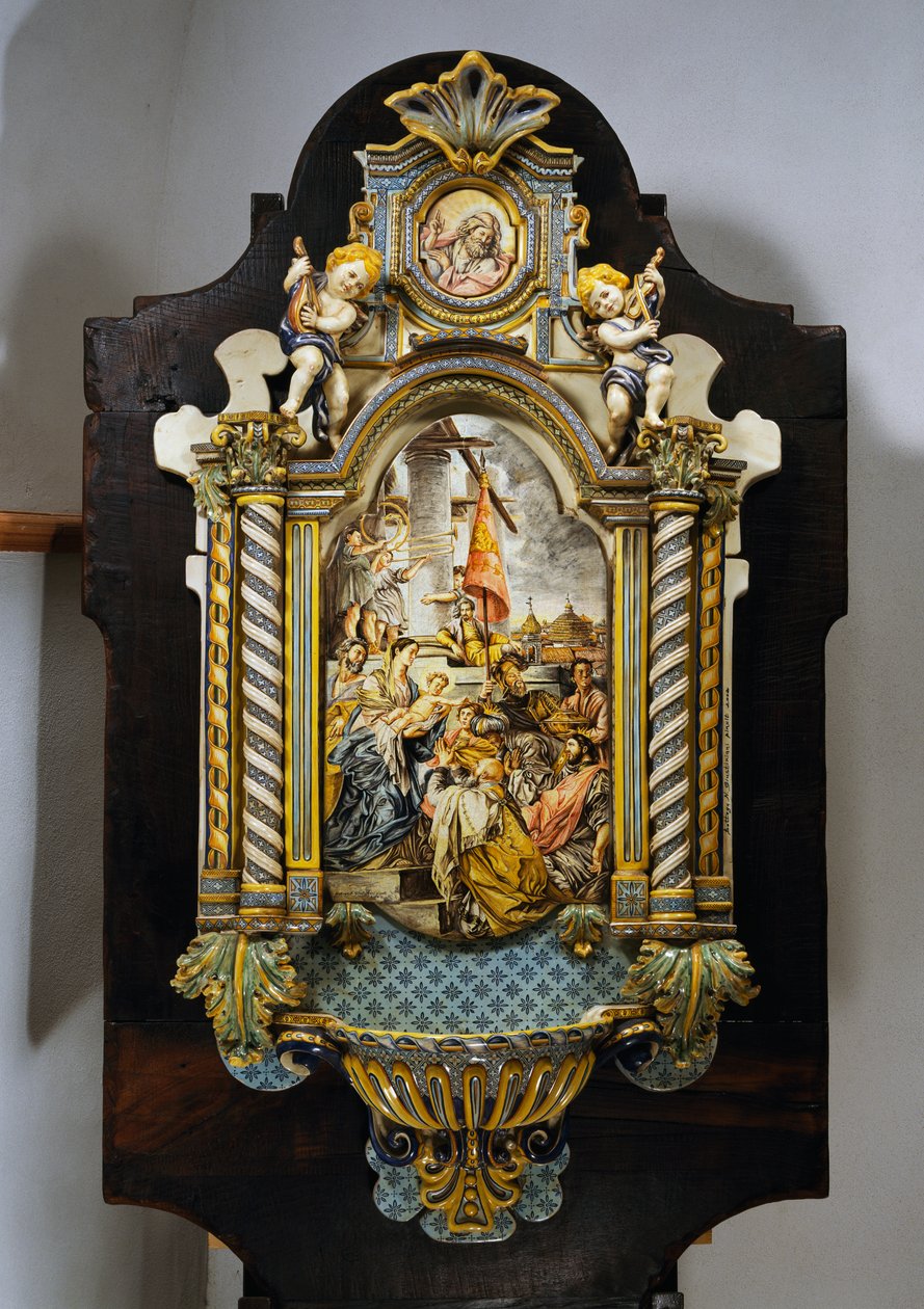 Nagy szenteltvíz-kút festett majolikában Francesco Solimena (1657-1747) A mágusok imádása című képének központi jelenetével, Olaszország, XX. század alkotó: Francesco Solimena