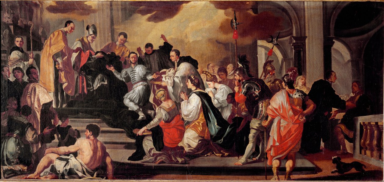 A lombard király Ratchis (Ratgis) (744-749) szerzetesi szokása a Cassin-hegyi kolostorban (Mount Cassin, Monte Cassino) Francesco Solimena (1657-1747) festménye Museo dell