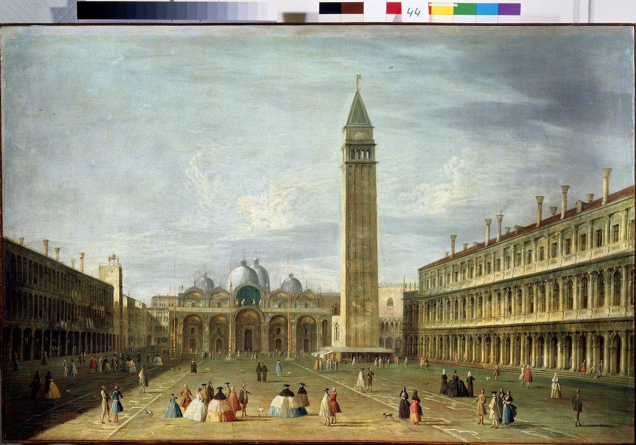 A Szent Márk tér (San Marco) (vagy Piazzetta) Velencében a Szent Márk-bazilikával és a Campanile-val. (Velencei Szent Márk tér). Francesco Tironi (1745-1797) festménye. Olaj, vászon, 72 x 109 cm. 18. századi velencei művészet. Állami Múzeum bárkája alkotó: Francesco Tironi