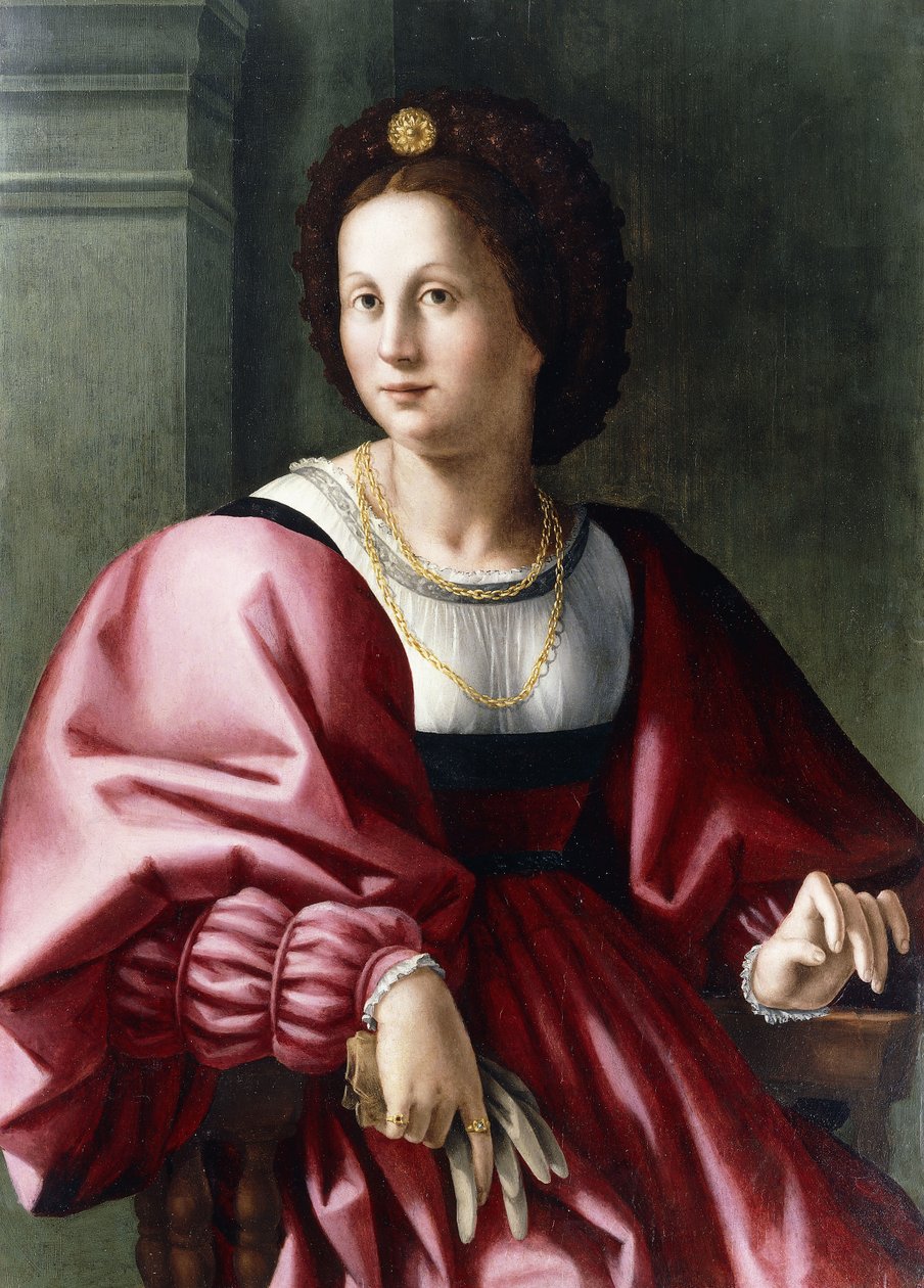 Háromnegyed hosszúságban ülő hölgy portréja, kezében kesztyűvel, alkotó: Francesco Ubertini Bacchiacca