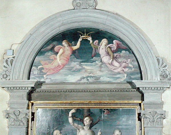 SS. Benedict, Dominic és Sebastian (a lunetta részlete) (olaj a táblán) (lásd még: 192539 és 192540) alkotó: Francesco Ubertini Il Bacchiacca