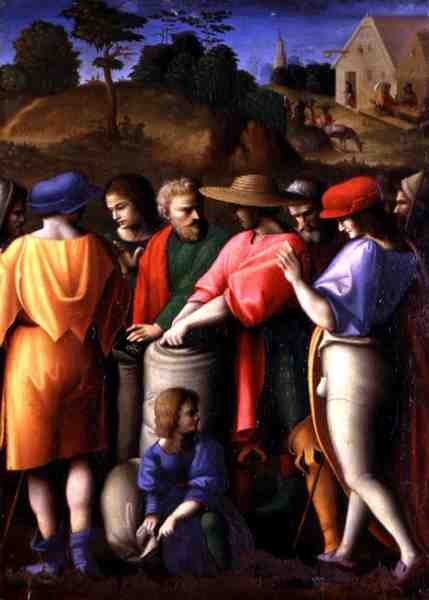 Az ellopott csésze keresése, „Giuseppe Ebreo történetei” (tempera a panelen) alkotó: Francesco Ubertini Verdi Bachiacca
