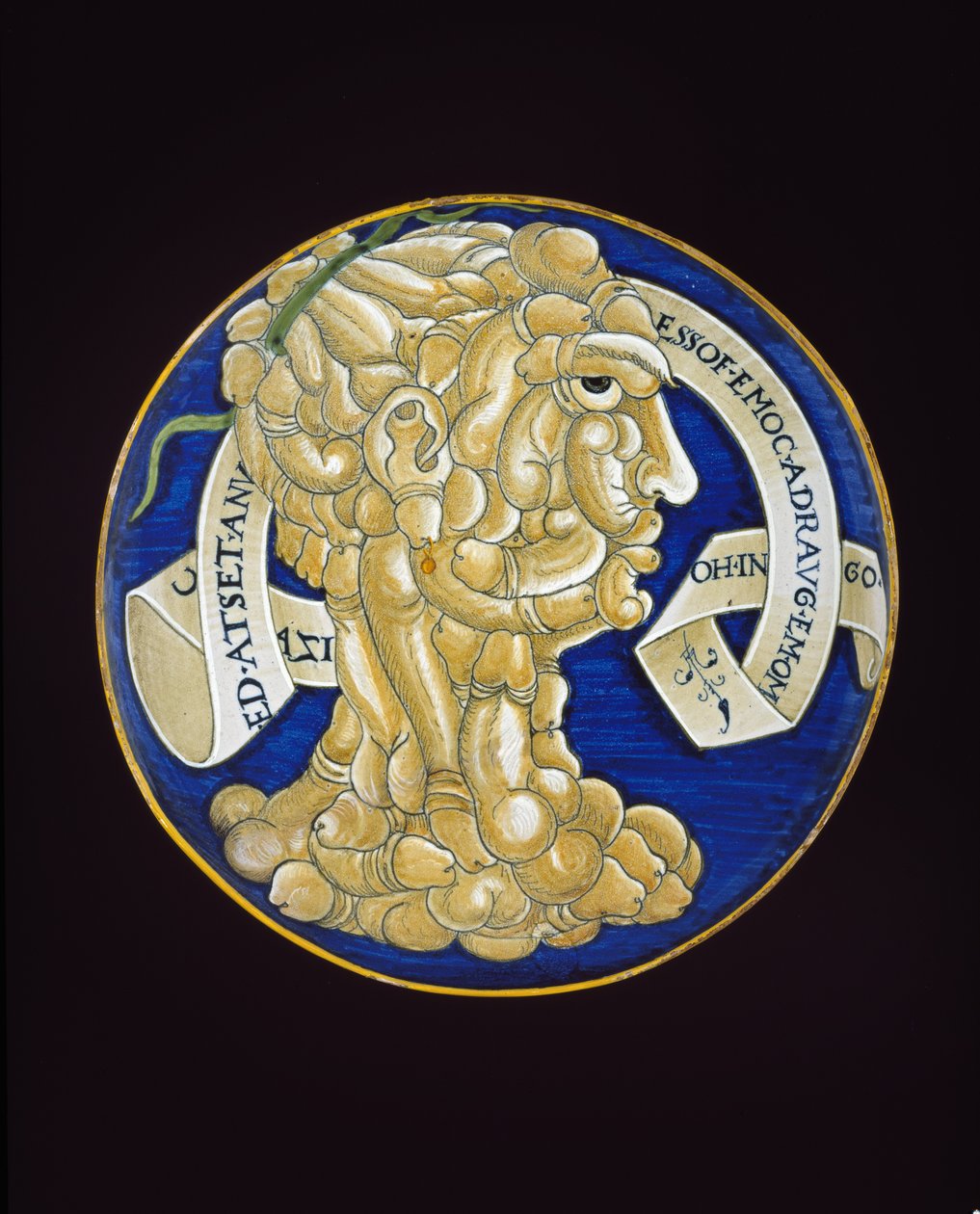 Tányér összetett péniszfejjel, 1536 körül (ónmázas agyag, maiolika) alkotó: Francesco Urbini