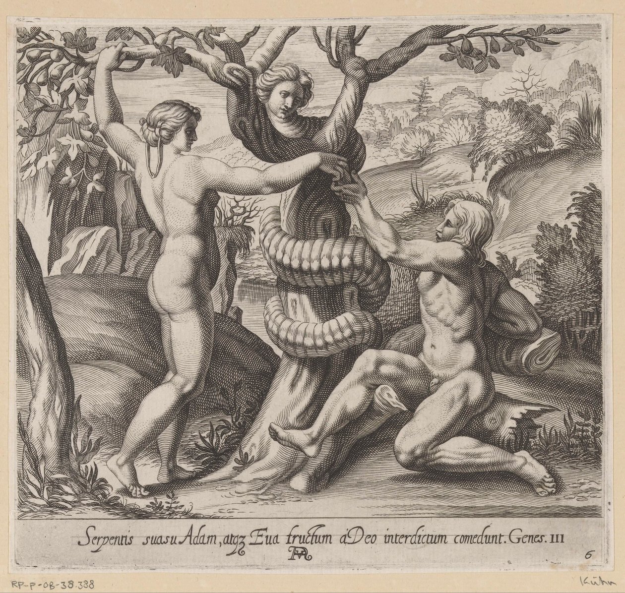 Éva felajánlja Ádámnak a tiltott gyümölcsöt Festmények Raphael loggiájában (sorozat címe) La Sacra Genesi (sorozat címe) alkotó: Francesco Villamena