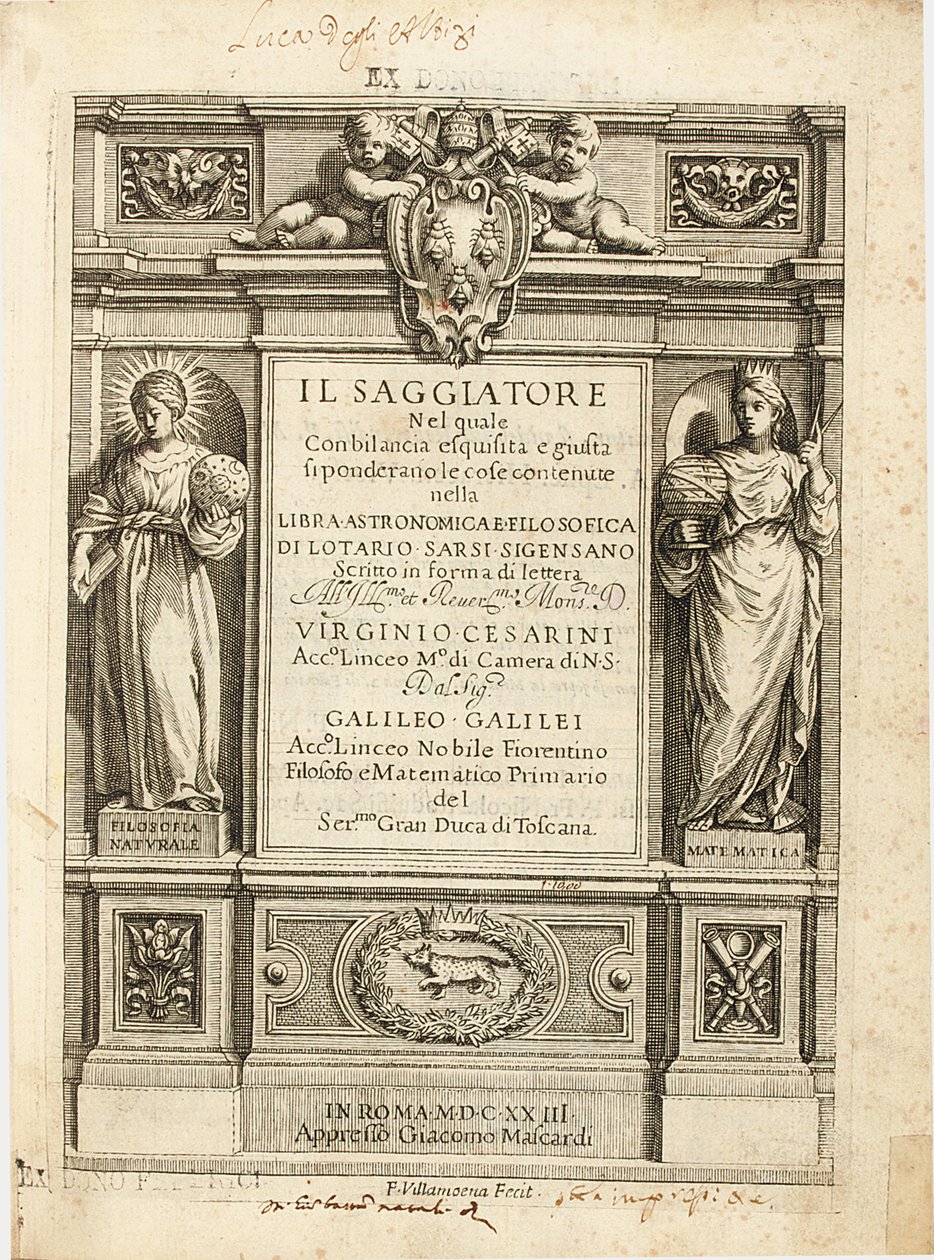 Galileo Galilei "The Assayer" című művének frontképe, 1623 alkotó: Francesco Villamena