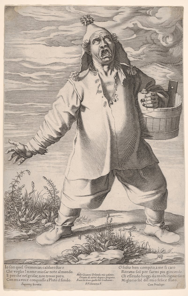 Geminiano Caldarostaro kiált, kezében egy kád, bojtos kalappal, kb. 1597-1601. alkotó: Francesco Villamena