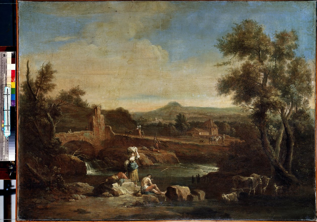 Táj egy folyóval. Francesco Zuccarelli (1702-1788) festménye. Olaj, vászon, 81,5 x 119 cm. 18. századi velencei művészet. Ermitázs Múzeum, Szentpétervár. alkotó: Francesco Zuccarelli