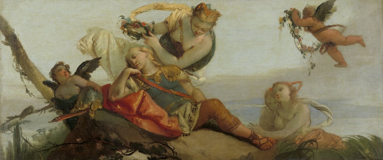 Armida virágokkal koronázott alvó Rinaldo (korábbi nevén Sleeping Mars) alkotó: Francesco Zugno