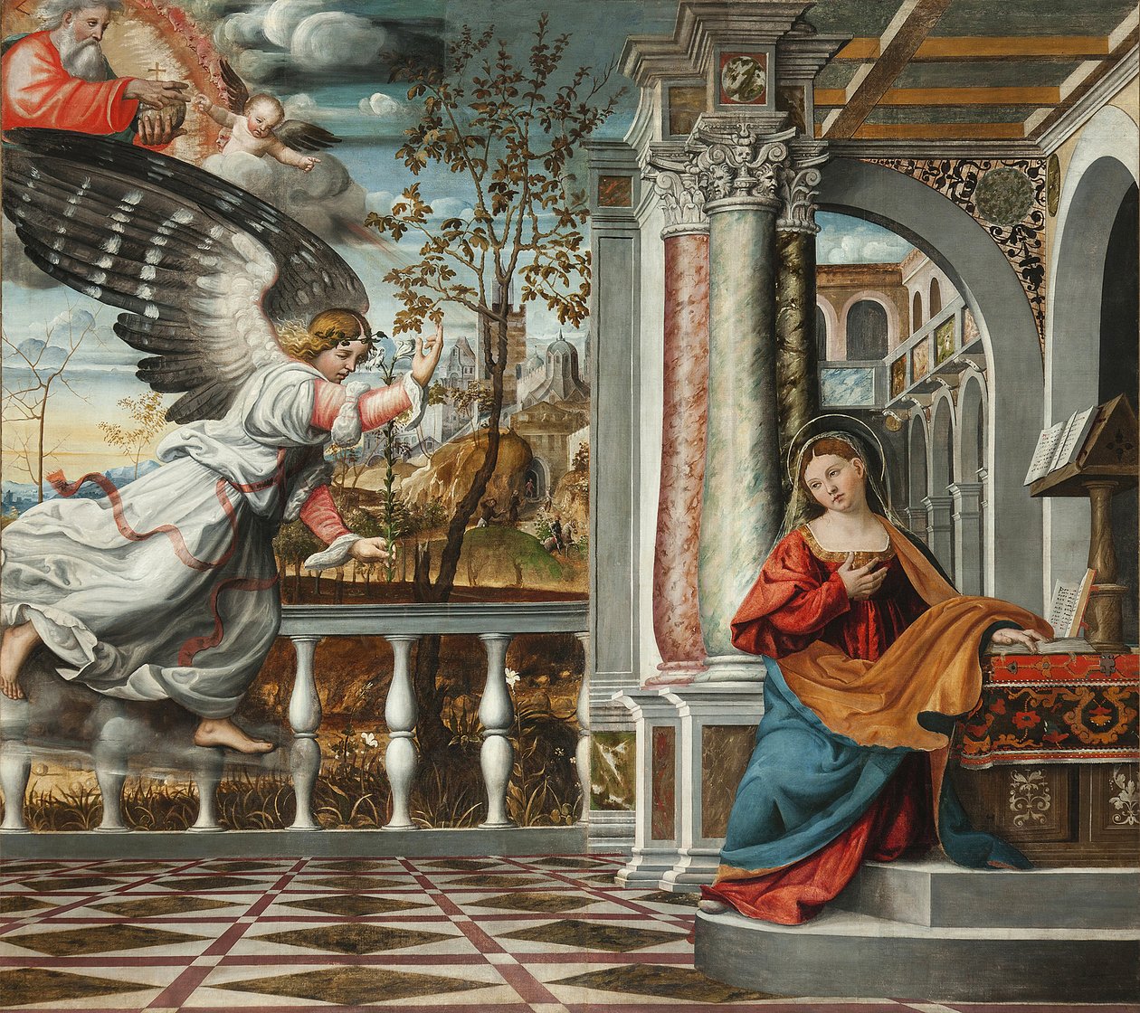 Az Angyali üdvözlet – Francesco da Milano (aktív 1502-1548). Freskó,, Serravalle katedrális, Vittorio Veneto alkotó: Francesco da Milano