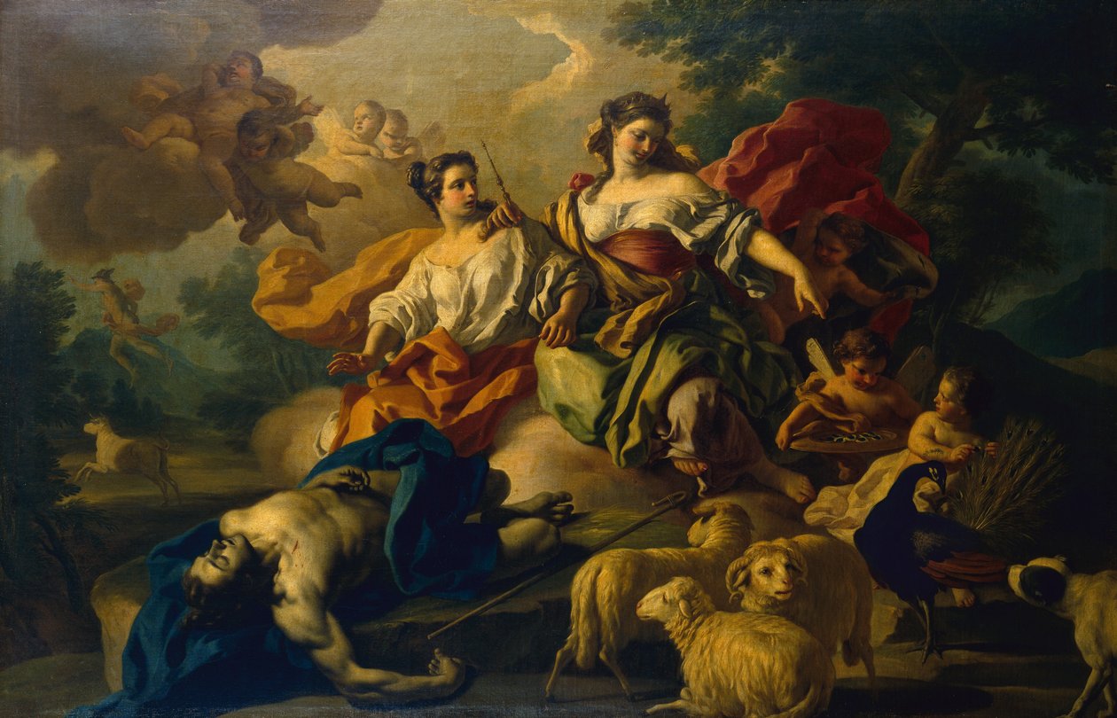 Juno az Argo szemét a páva farkába helyezi (olaj, vászon) alkotó: Francesco de Mura