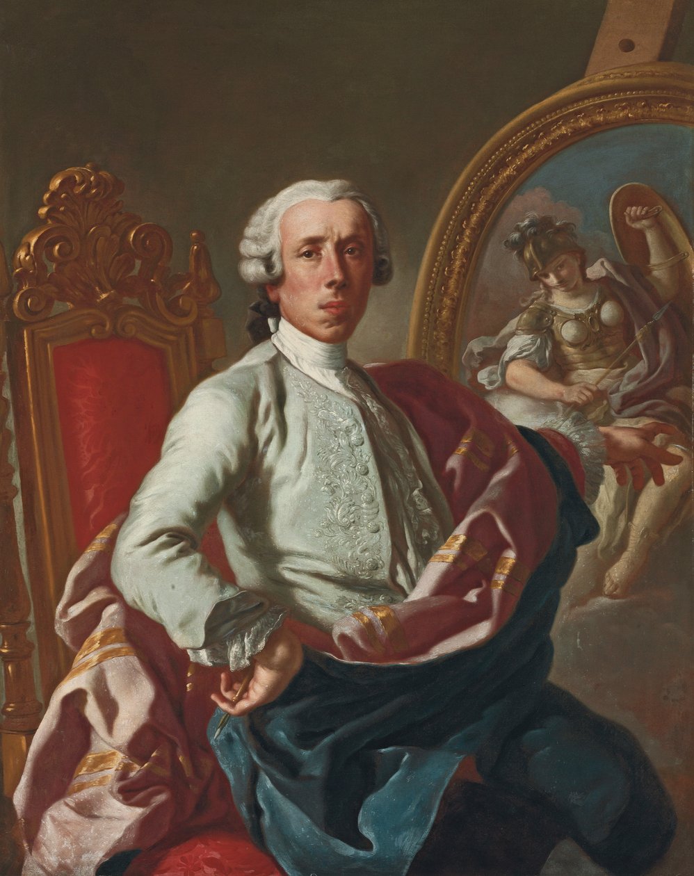 A művész portréja, háromnegyed hosszú, ülve, kezében ceruzával, festőállványnál Minerva képével alkotó: Francesco de Mura