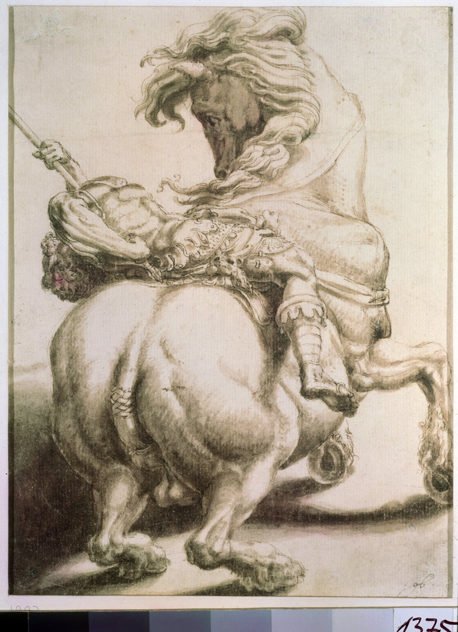 Lándzsával átszúrt lovas. Francesco de Rossi (1510-1563) rajza. Grisaille papíron, 20 x 15 cm alkotó: Francesco de Rossi Salviati