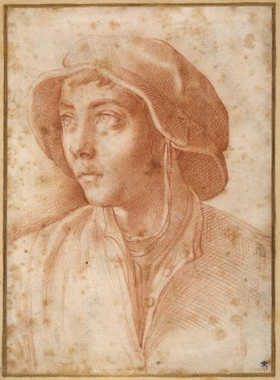 Egy sapkát viselő fiú mellképe (piros kréta krémpapíron) alkotó: Francesco de Rossi Salviati Cecchino
